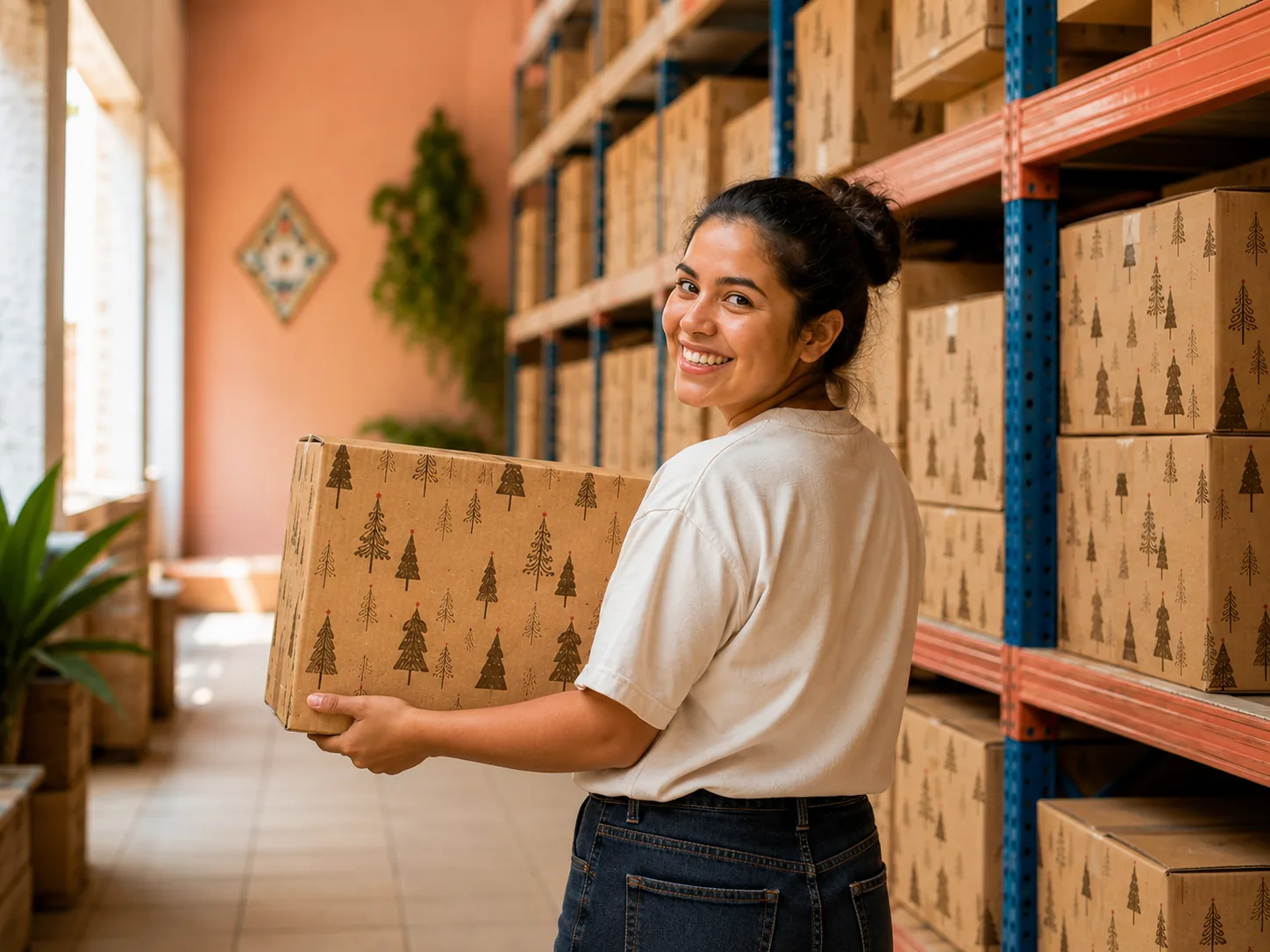 Mujer sonriendo sosteniendo una caja de despensa en almacén