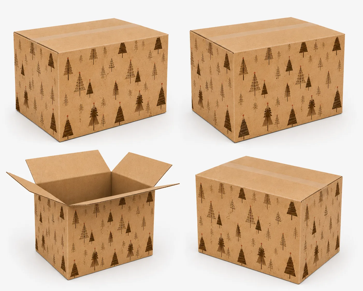 Vistas del diseño de la caja navideña MiBOX: cerrada, semiabierta y abierta